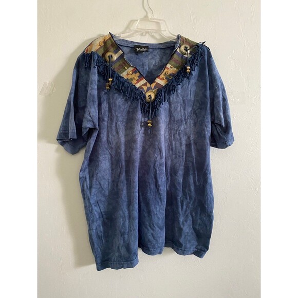 Philip Noel Blue Tie Dye Western One Size T-Shirt with Fringe and Gold Accents - Picture 1 of 5